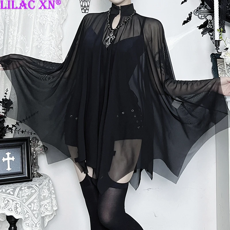 

Gothic Black Bodysuits See Through Cloak Two Pieces Sets Vintage Sexy Batwing Women Tops Streetwear Party Halloween Cosplay