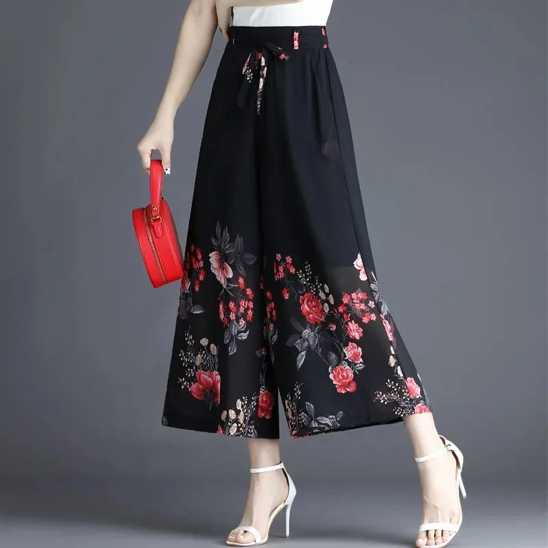 Middle-Aged Elderly Women Pants 2023 New Summer Chiffon Vertical Feeling Wide-Leg Pants Elastic Waist Big Size Print Skirt Pants