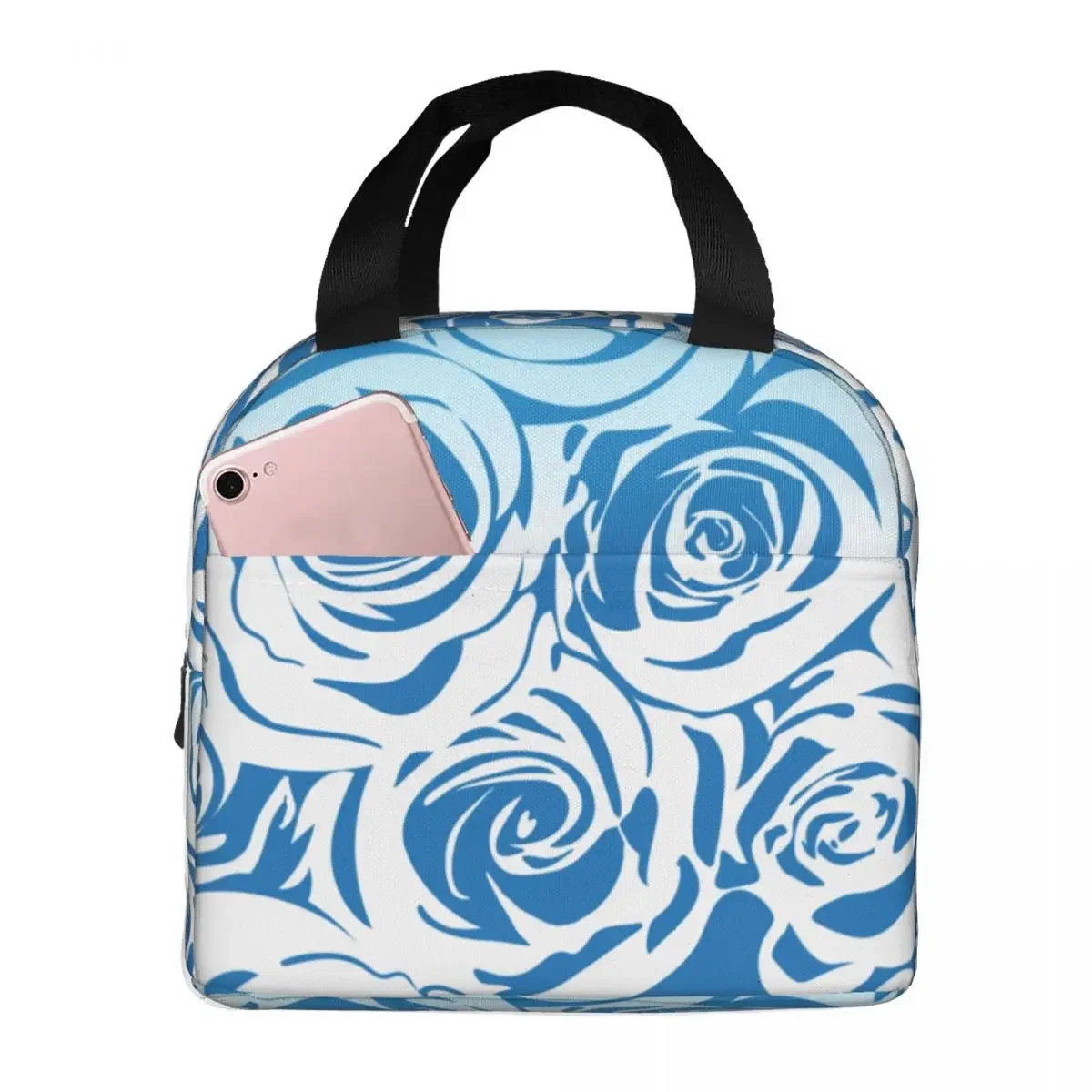 Royal Blue Navy Rose Floral Pattern Lunch Bag Portable Insulated Oxford Cooler Thermal Food School Lunch Box for Women Children