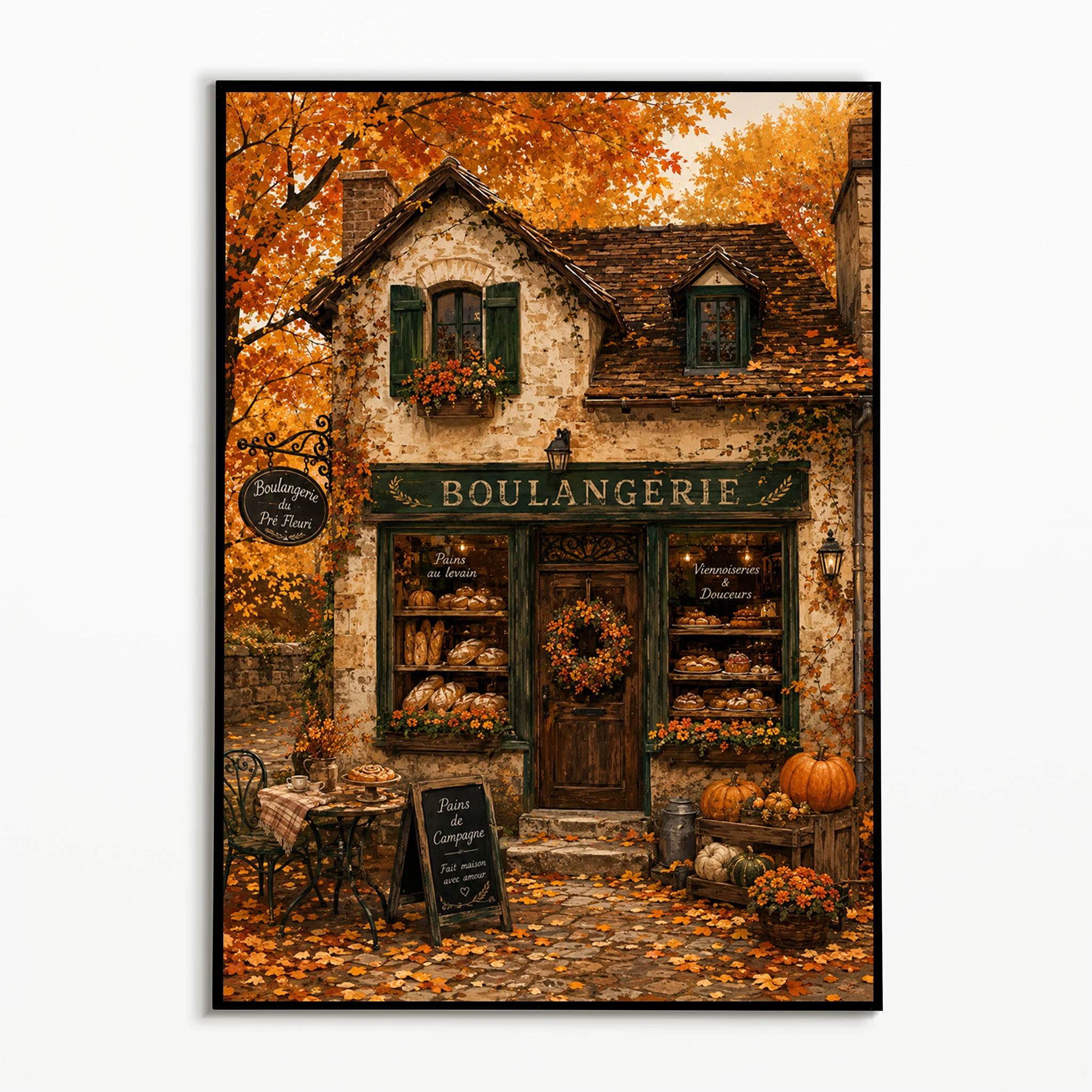 1PC Autumn Street Corner Bookstore Shop Poster Retro Town Street Scene Wall Art Thanksgiving Day Canvas Printing Fall Decor Gift