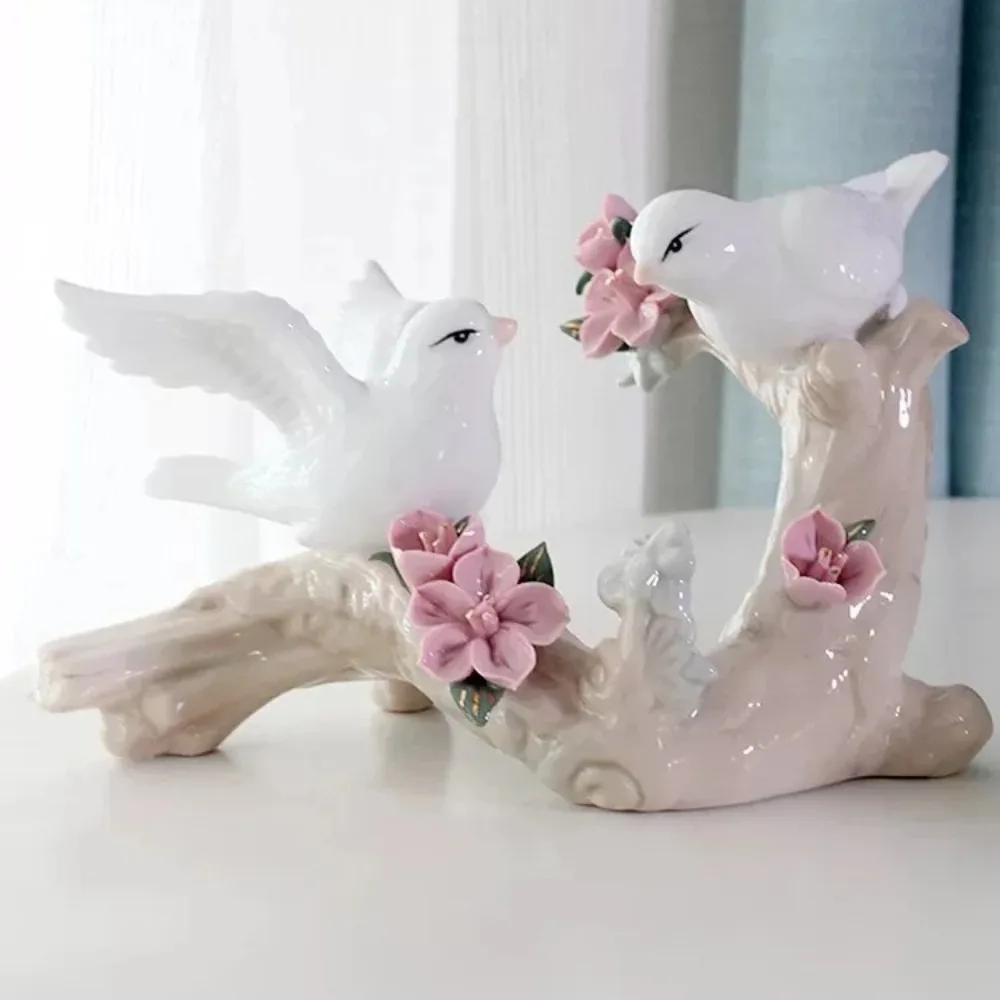 Nordic Retro Ceramic Little Bird Ornament on White Branch, Minimalist Desktop Home Decoration, Tabletop Sculpture Decor