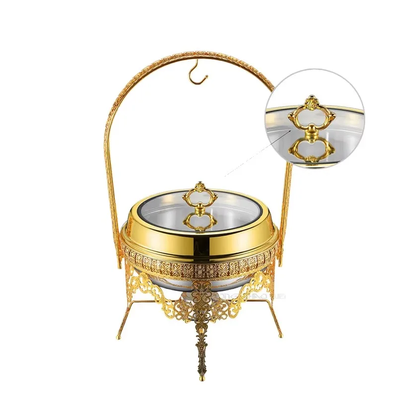 Luxury Stainless Steel 201 Gold Chafing Dish Set With Alcohol Heating 9L Capacity & Hanging Lid For Buffet Catering