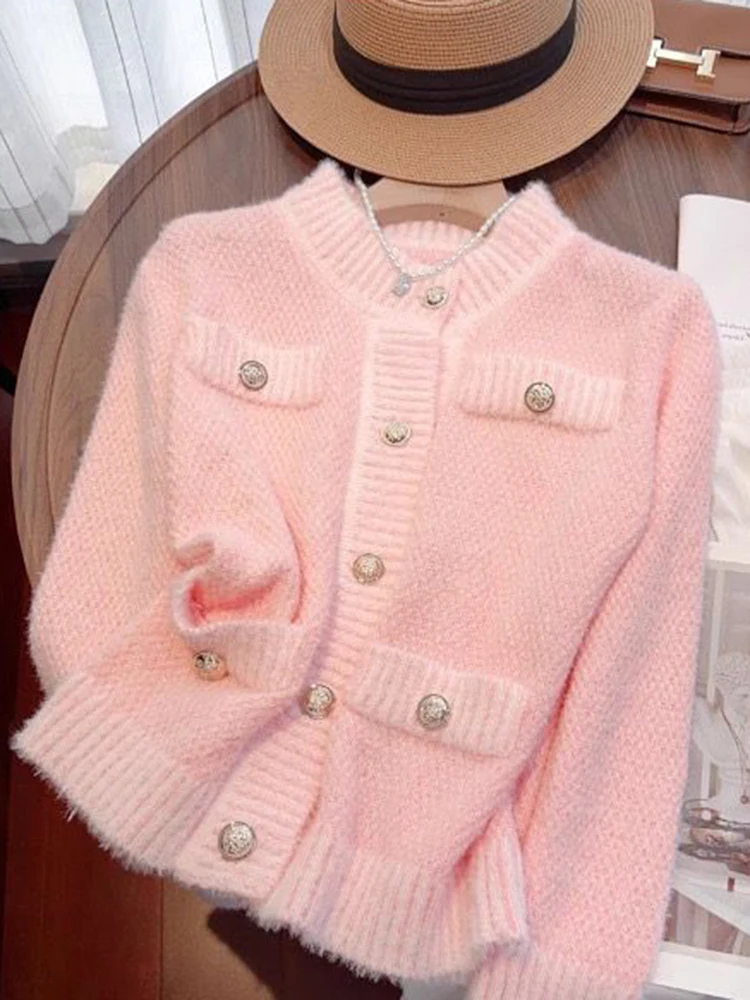 Zoki Sweet Pink Cardigan Swetry Kobiety Moda Guziki Długi rękaw Dzianina Kurtka Jesień Koreański Szyk O Szyja Kobiece Eleganckie Topy