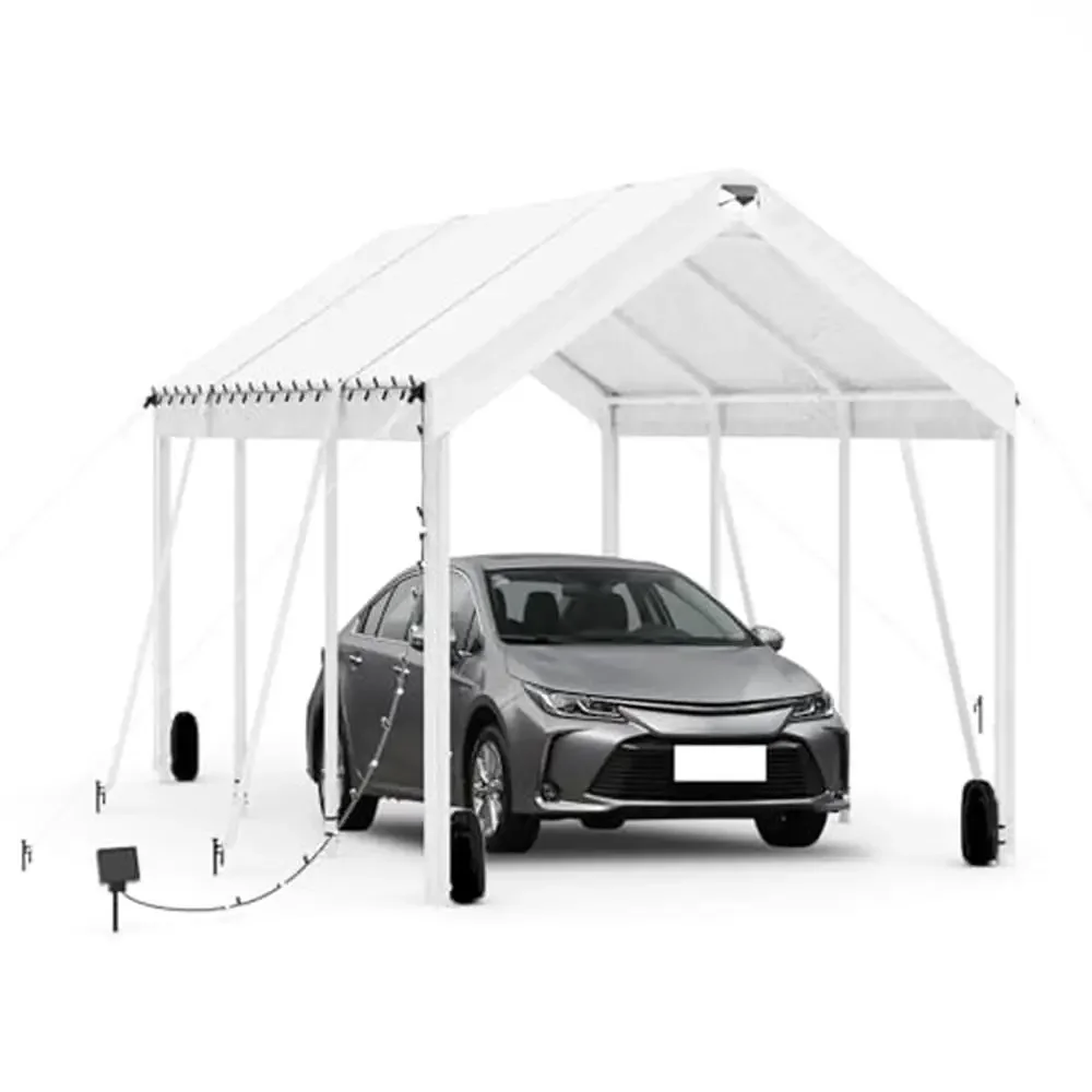 Portable Heavy Duty Carports Garage Canopy 10X16 Adjustable Height Outdoor Shelter Light Belt Solar Lights Windproof Sandbags