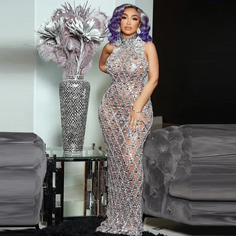 

Luxury High-end Sexy Sparkling Diamante High Neck Dresses Plus Size Women's Evening Gowns Wedding Maxi Dress Sleeveless Robe