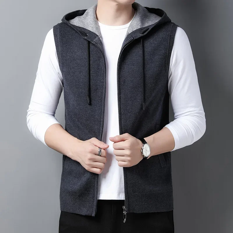 2024 New Hooded Knit Vest Fashion All Match Color Men's Thickened Winter Vest