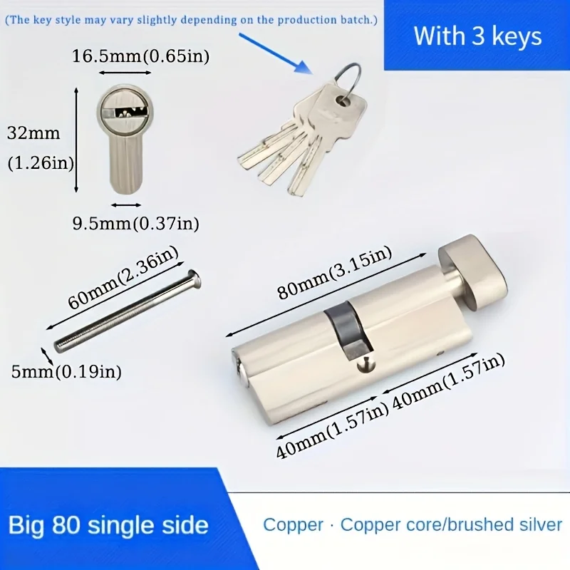1Pc European Standard 60/70/80/90mm Lock Cylinder, Lock Cylinder Assembly with 3 Brass Keys, Suitable for Patio Sliding Doors, Single-Opening Design with Knob, Features Anti-Rust, Anti-Corrosion, and Anti-Theft Functions view 6