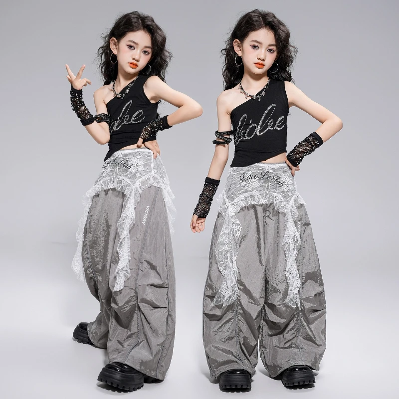 Traje de baile de Jazz para niñas, ropa de actuación de moda, grupo de baile Kpop, trajes de Hip Hop, pantalones superiores negros de verano, trajes de baile callejero