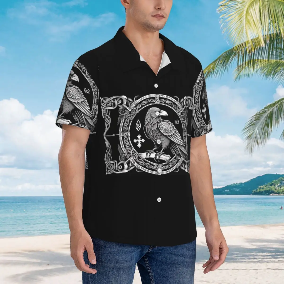 

Yggdrasil Raven 11, гавайские рубашки, повседневная мужская рубашка с коротким рукавом для лета, пляжные мужские топы на пуговицах