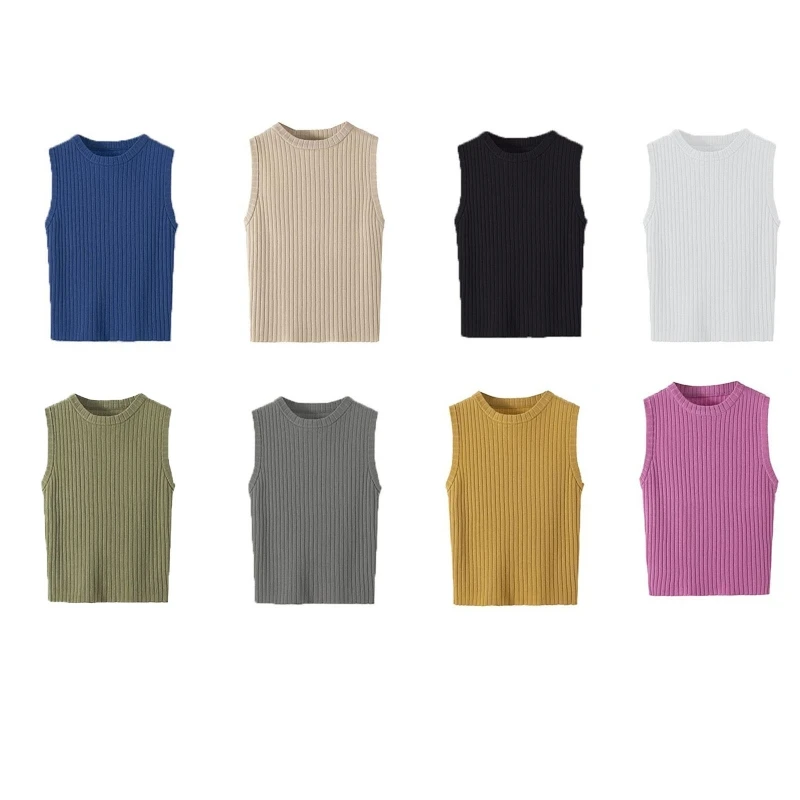 

Women Ribbed Knitted Sleeveless Crop for Tank Top Round Neck Simple Solid Color Stretchy Fit Basic Sweater Vest Shi