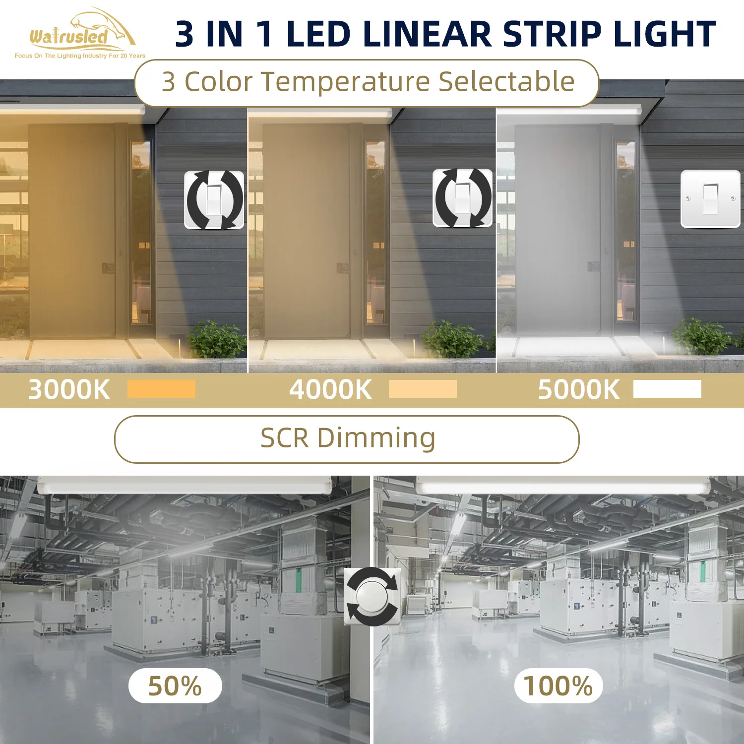 Lampada da soffitto per scale a striscia lineare a LED da 4 piedi 80W 8800lm 3/4/5000K SCR Dimmerabile per interni Lampada da soffitto per negozio a LED per officina FCC