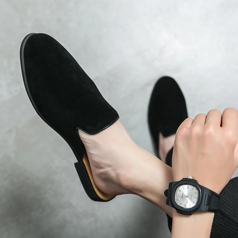 موضة الرجال Recoilless نصف النعال لصيف 2026 متجمد أحذية جلدية بدون كعب شبشب جلد الغزال للرجال Zapatos Casuales