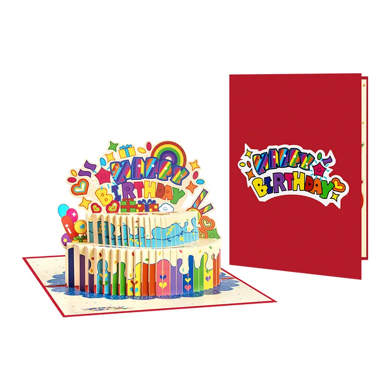 

2Pcs Happy Birthday Pop-up Card, 3D Greeting Card with Birthday Cake And Balloons Design Rainbow Candy Cake Card With Envelope