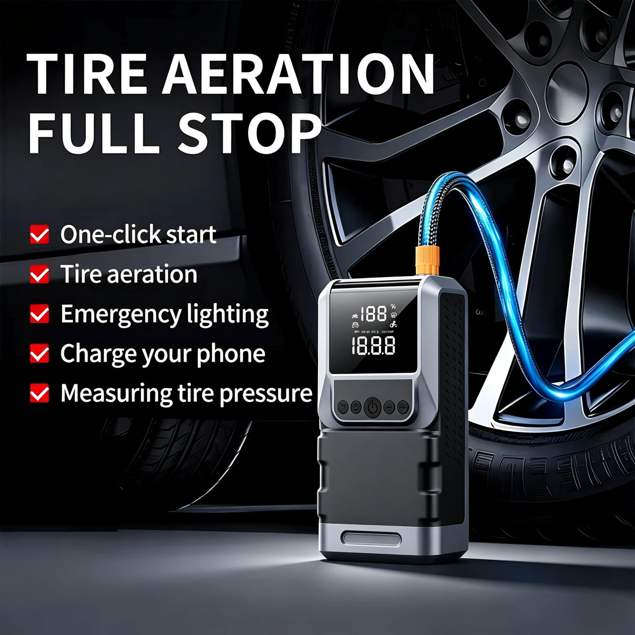 2026 Newest All-in-One Car Emergency Jump Starter & Air Pump 5000A Peak 150PSI Tire Inflator with LED Light & Power Bank