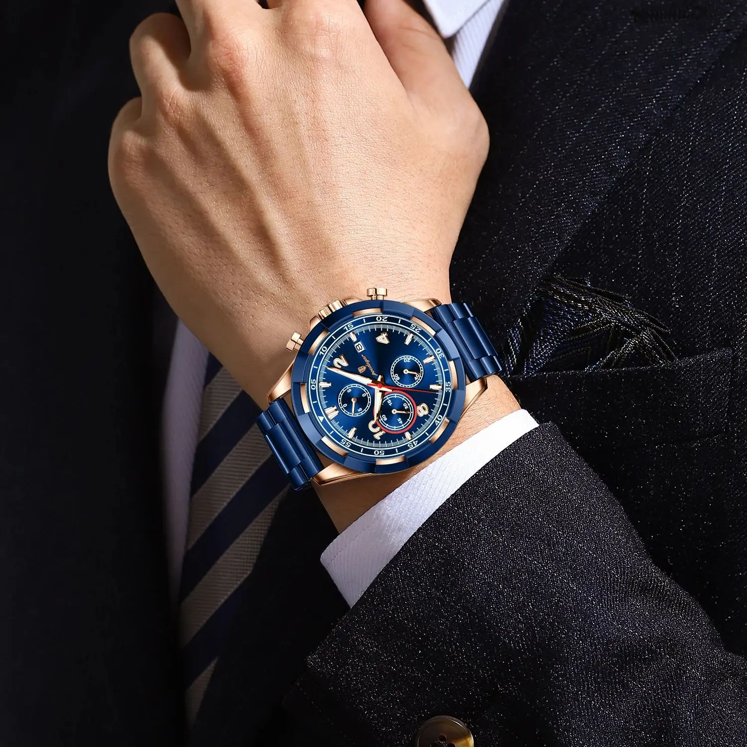 POEDAGAR العصرية ساعة رجالي مضيئة مقاوم للماء الفولاذ المقاوم للصدأ ساعة رجالية كرونوغراف تاريخ الرياضة ساعات كوارتز للرجال Reloj