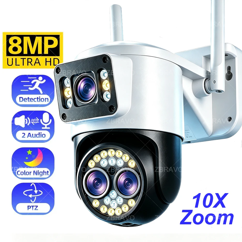 Yoosee 4K 8MP 10X Zoom WiFi IP Camera 3 Lens Dual Screens PTZ Color Night Vision AI Detection Smart Home Outdoor CCTV Security