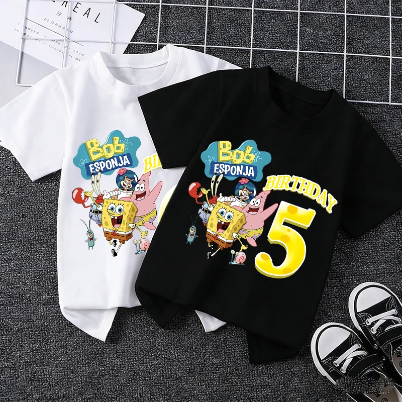 SpongeBob SquarePants Birthday Short Sleeves Cute T-shirt Boy Girl Cartoon Tops Children T Shirt Kids Tees Birthday Party Clothe