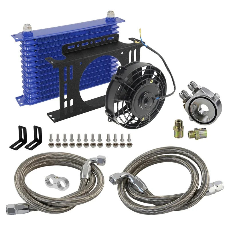 

AN10 Black/Blue 13 Row Oil Cooler + 7" Electric Fan Kit 3/4*16 & M20 Filter Adapter Universal Transmission Engine TRUST Style