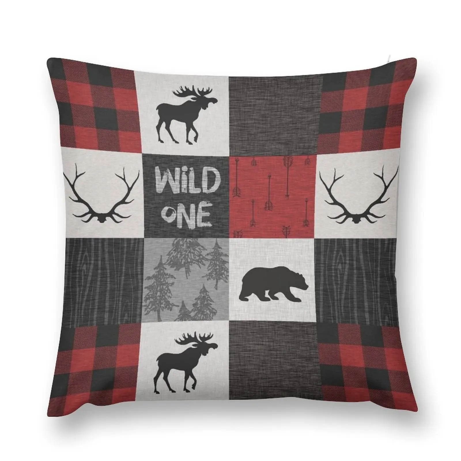 Wild One Woodland Patchwork- Red, Black, grey Throw Pillow Sofa Decorative Covers christmas cushions covers pillow