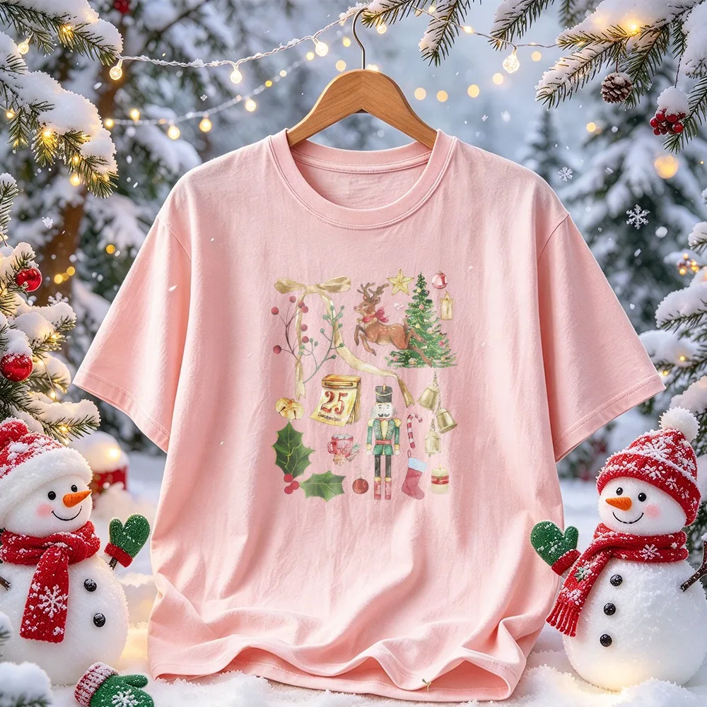 Christmas Collage Graphic Nutcracker Reindeer Xmas Tree Holly Bells Calendar Print Watercolor Xmas Casual T-shirt Holiday Tops
