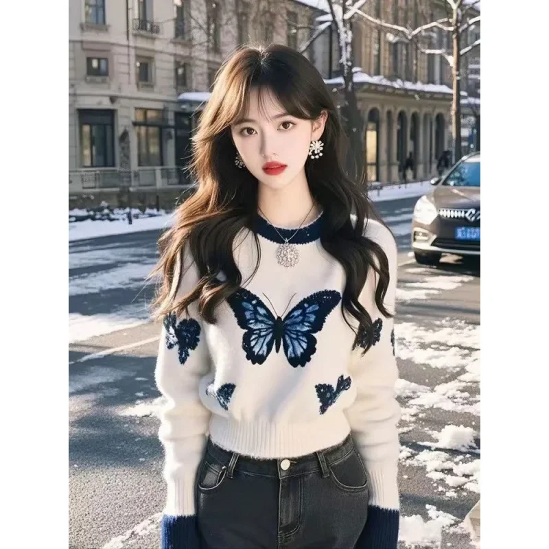 

Autumn Winter Wool Blend Long Sleeve round Neck Unique Stylish Top White Butterfly Print Women's Knitted Sweater Premium Design