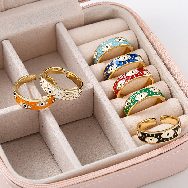 Enamel Evil Eye Ring Y2K Multi-Colors Stackable Band Ring Women Gold Plated Copper Rings Turkish Evil Eye Finger Rings Jewelry