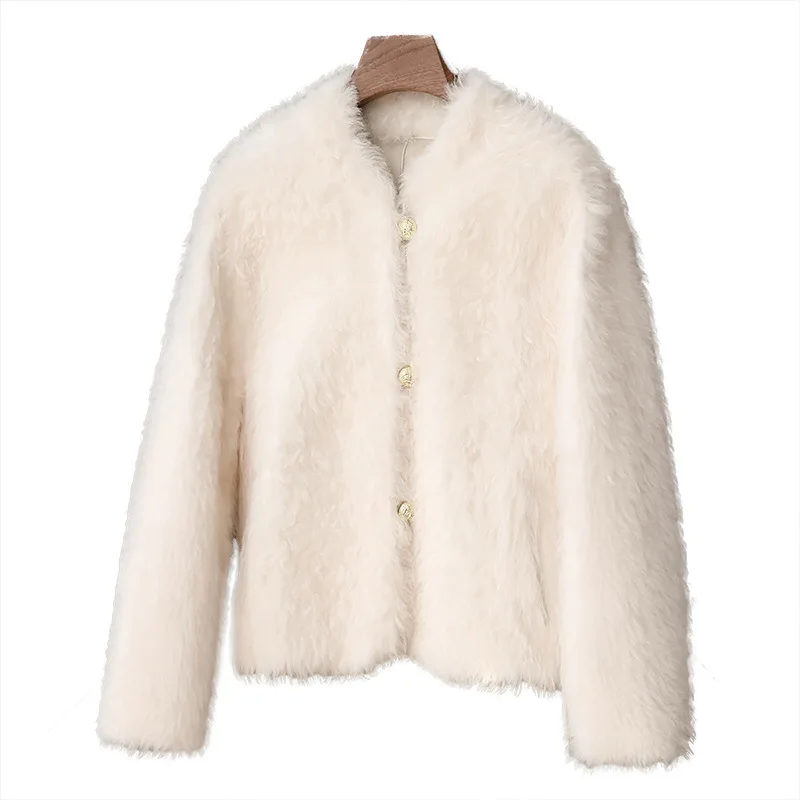 2025 شتاء جديد توسكان نصف لفة الأغنام الفراء معطف متكامل المرأة أزياء قصيرة الفراء سترة