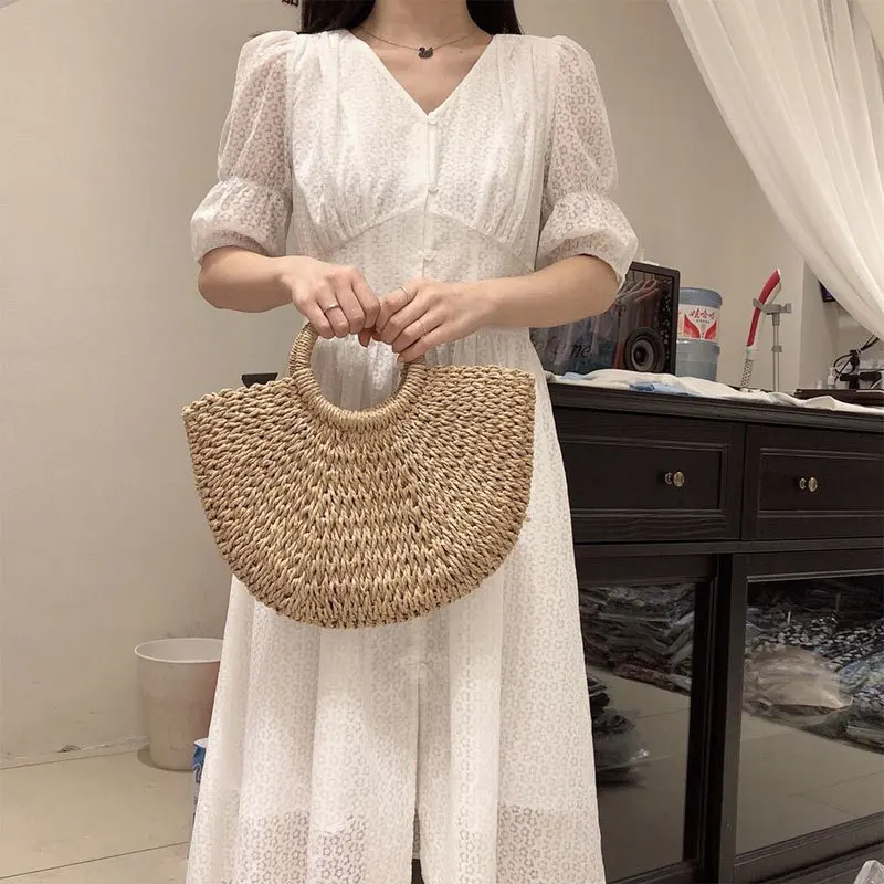 Summer Half-moon Straw Bag For Women Handmade Portable Handbag Large Capacity Beach Bag Basket Woven Top-handle Bag Purse Totes