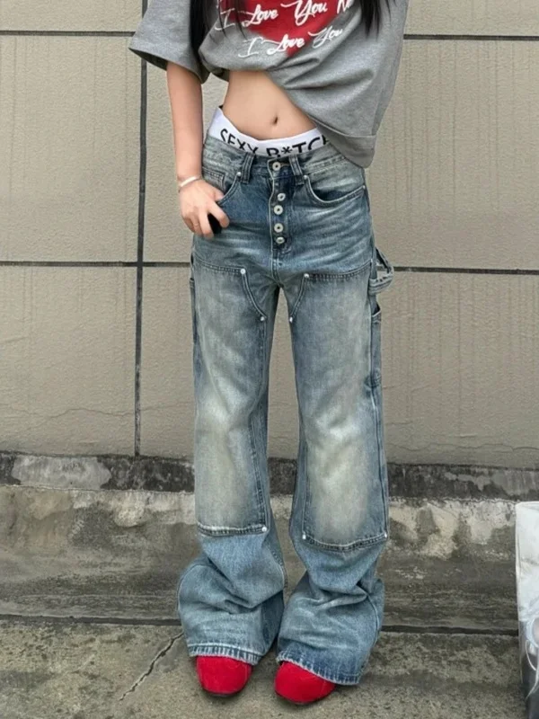 Calças Jeans Americanas Retrô Flare para Homens e Mulheres, Casual, Corte Reto, Verão, Largas, Vintage, Unissex