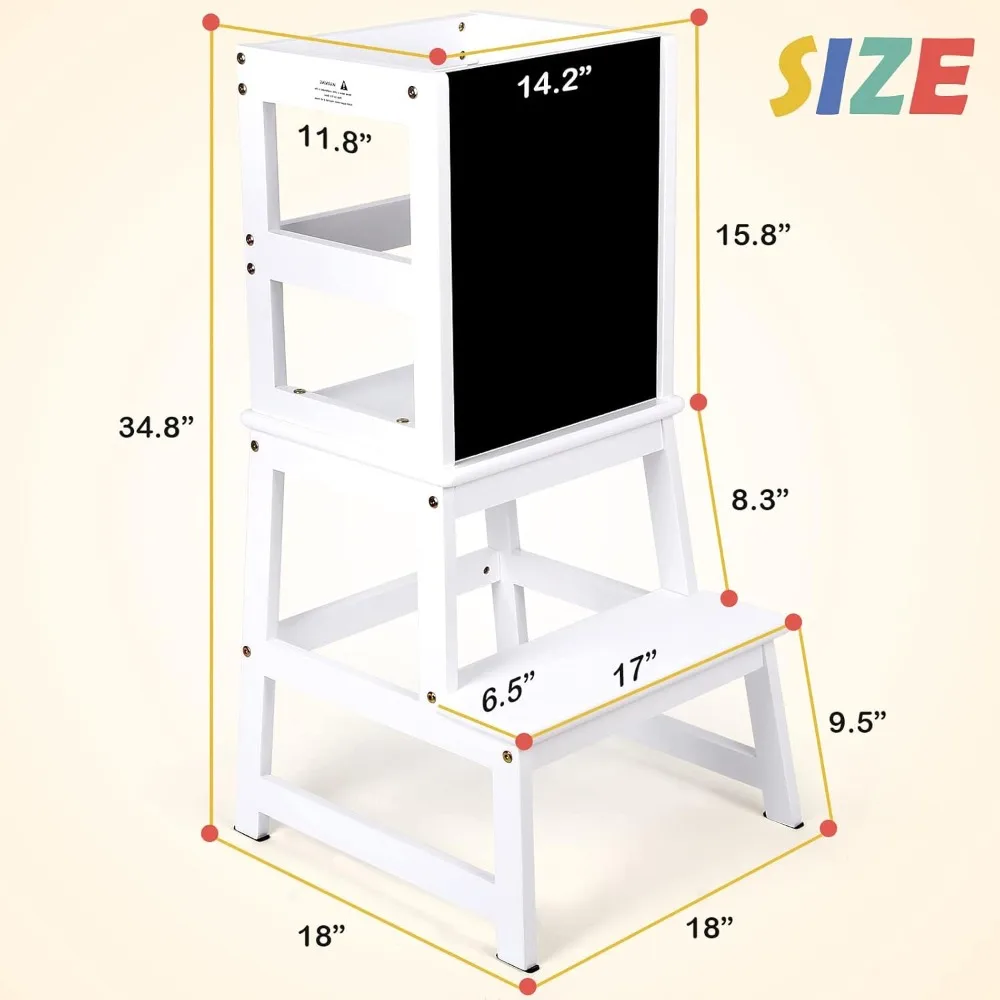 Kids Kitchen Step Stool with Chalkboard & Safety Rail for Toddlers 18 Months and Older, Safety Anti-Slip Protection