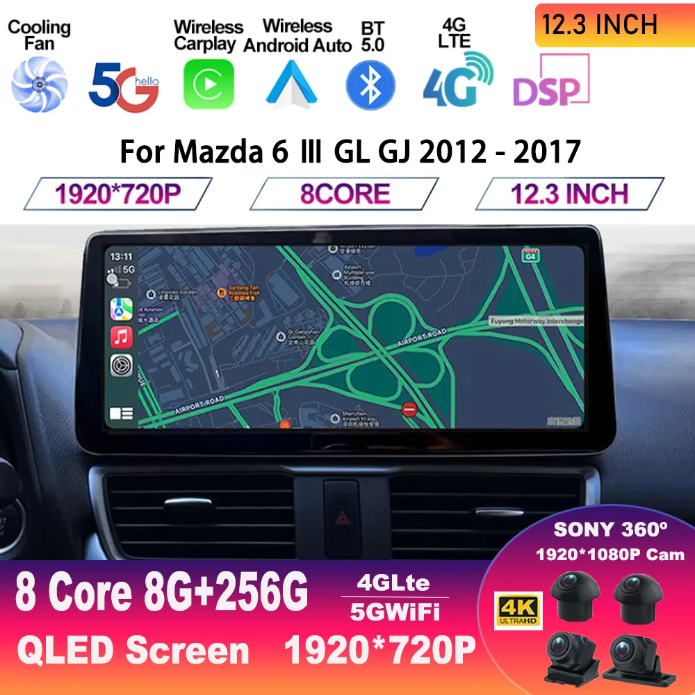 

12,3 дюймовый Android 13 для Mazda 6 Ⅲ GL GJ Atenza 2012 - 2017 мультимедийный видеоплеер CarPlay Автомагнитола WIFI 360 камера