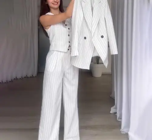

Three Piece Set Women Outfit 2025 Spring New Stripe Sleeveless Vest & High Waist Straight Leg Pants Set with Long Sleeved Jacket