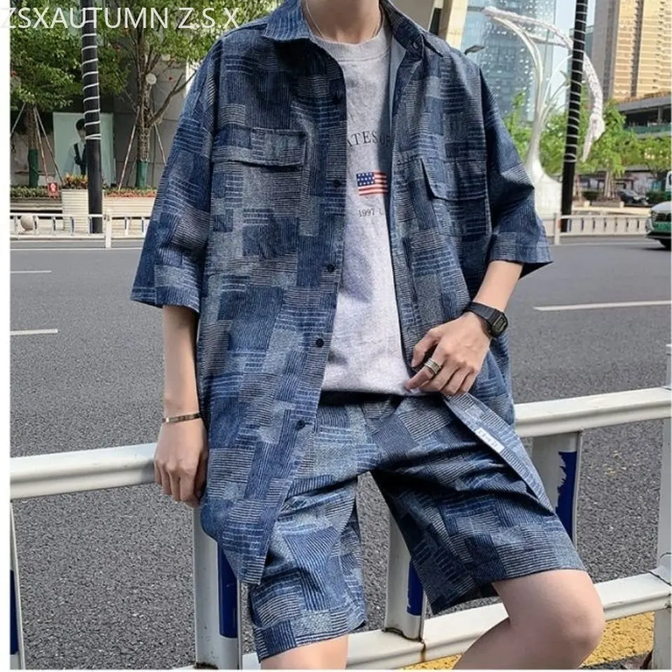 

Plaid Short Sleeve Suit Men's Summer Thin Vintage Hong Kong Trend Handsome Fashion Shorts Two-piece Set Shorts Loose Leisure