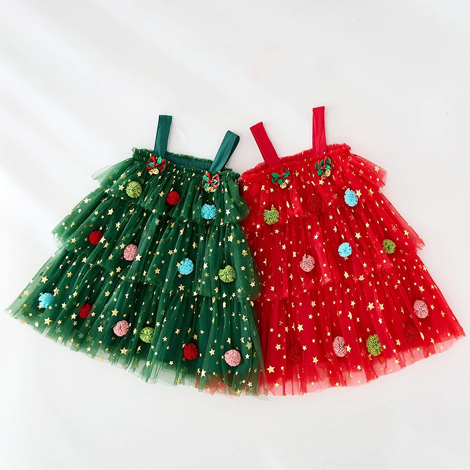 

Child Christmas Star Mesh Sleeveless Layered Dress Girls Red Green White Slip Frocks Kids Carnival Festival Party Fluffy Vestido