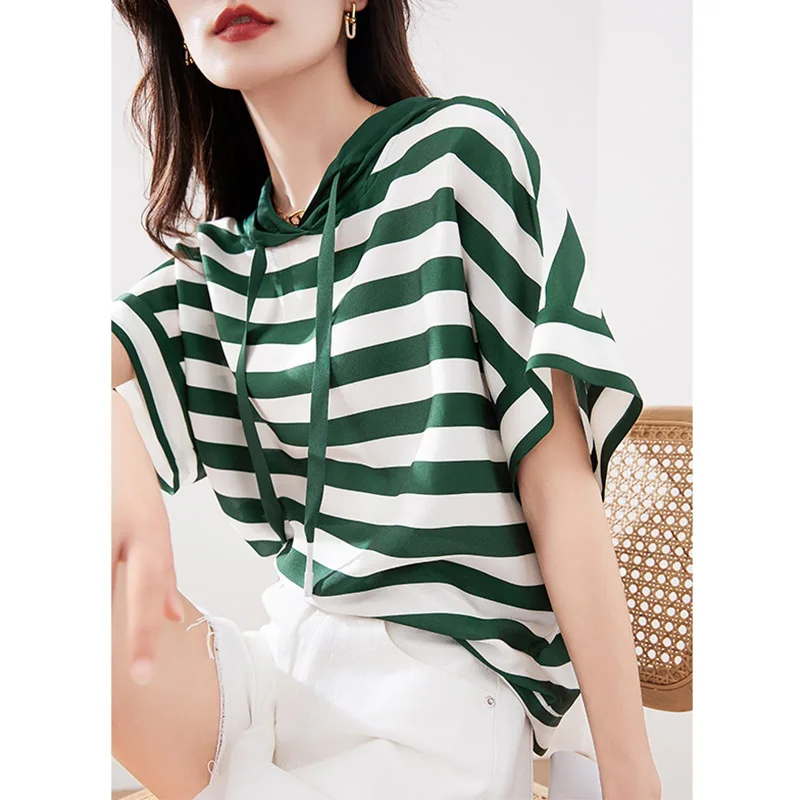 Camiseta de manga corta a rayas con sombrero y fular de gasa, cómoda, holgada, estilo moderno para ir al trabajo, top de verano para mujer