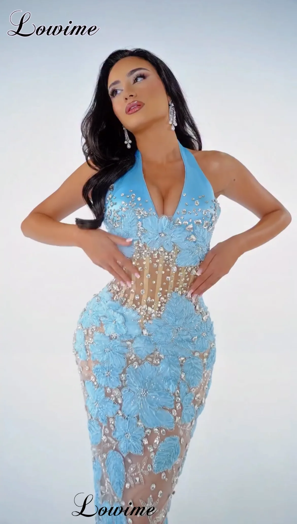 Newest Sky Blue Prom Dresses With Crystals Halter Sleeveless Cocktail Dresses Birthday Party Dresses Robe Femme Customized