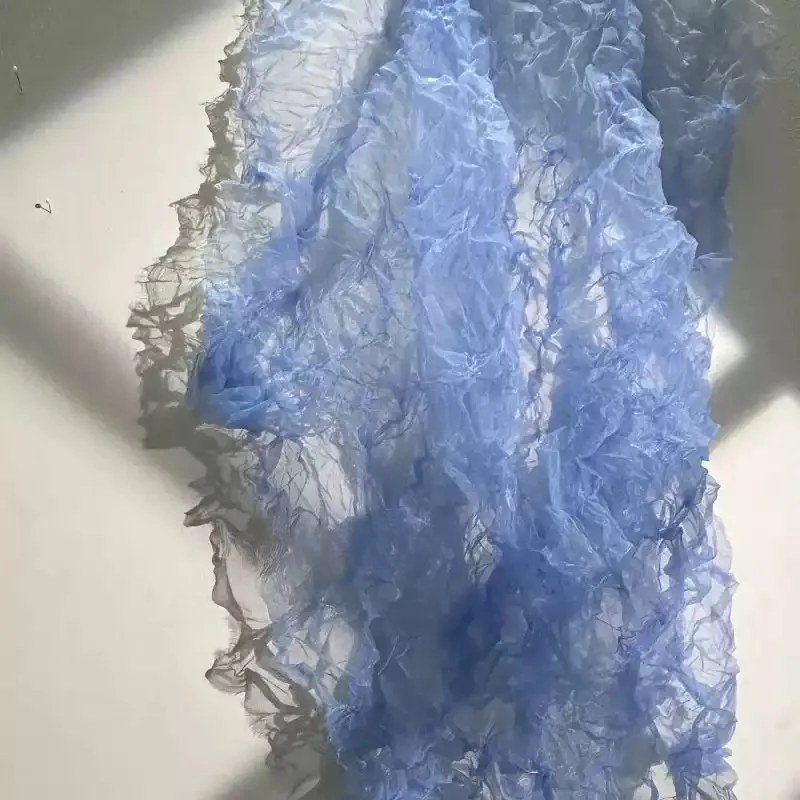 Semi‑Sheer Crinkle Organza 3D Pleated Textured Fabric Purple‑Blue & Pink Color Option Fancy Designer Cloth for Fashion Garment