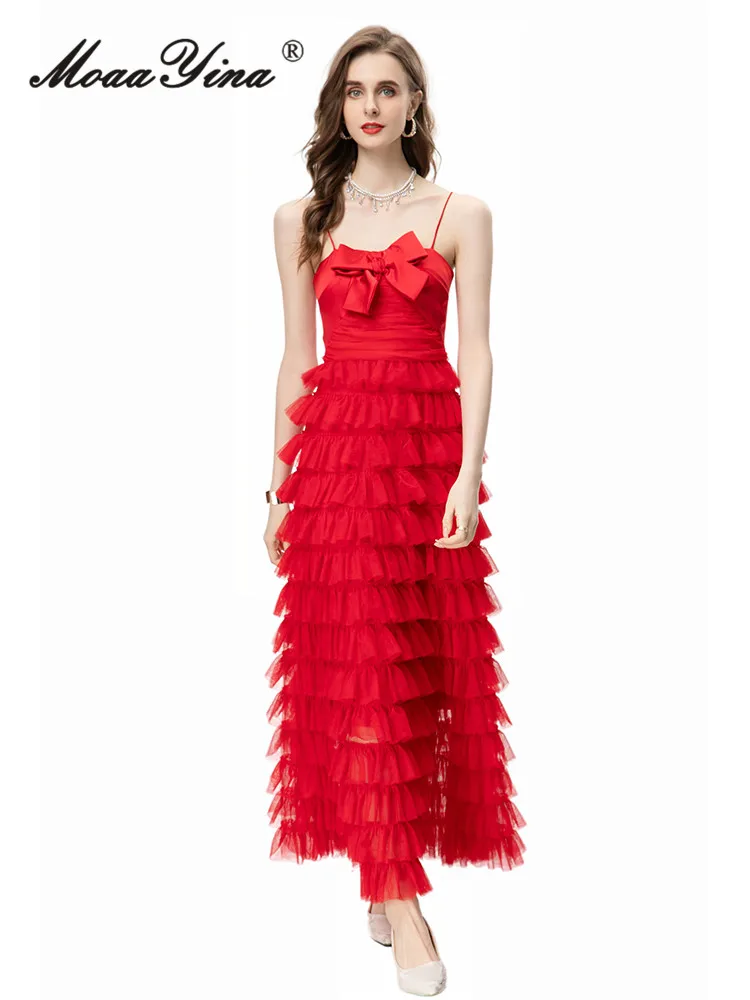 

MoaaYina 2024 Summer High Quality Women Dress Solid Color Net Yarn Cascading Ruffle Bow Spaghetti Strap Sexy Party Dresses