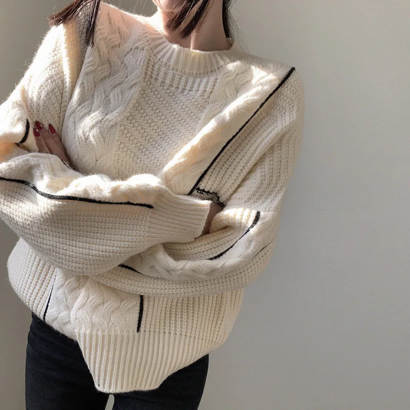 Round Neck Midi Knitted Pullovers Women Fall Winter Korean Loose Striped Long Sleeve Sweaters Top 2 Colors