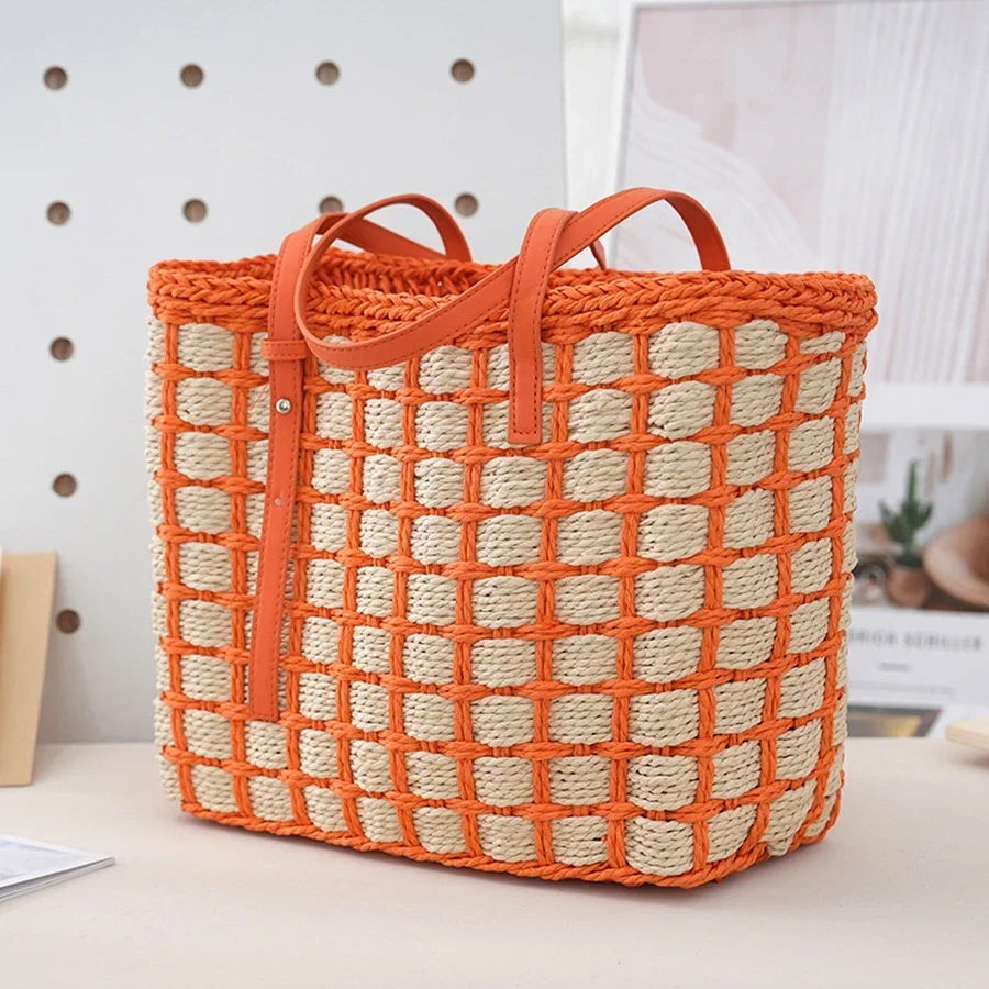 

Женская летняя сумка в стиле пэчворк, соломенная сумка-тоут в клетку, летняя пляжная сумка большой вместимости, праздничная повседневная тканая маленькая квадратная сумка-мешок