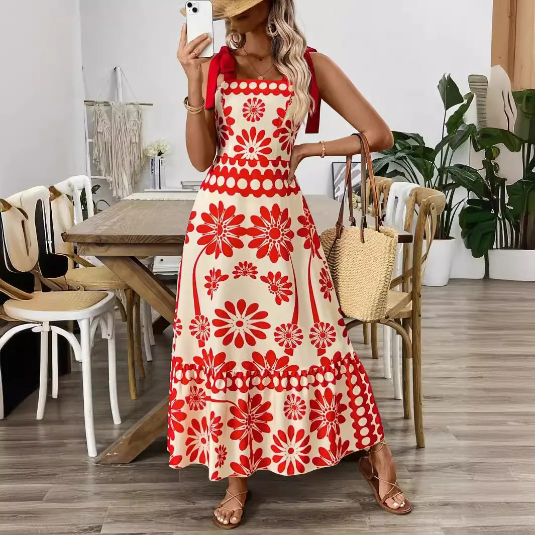 

2025 Women's Dress Positioning Floral Straps Lace-up Long Dress Women