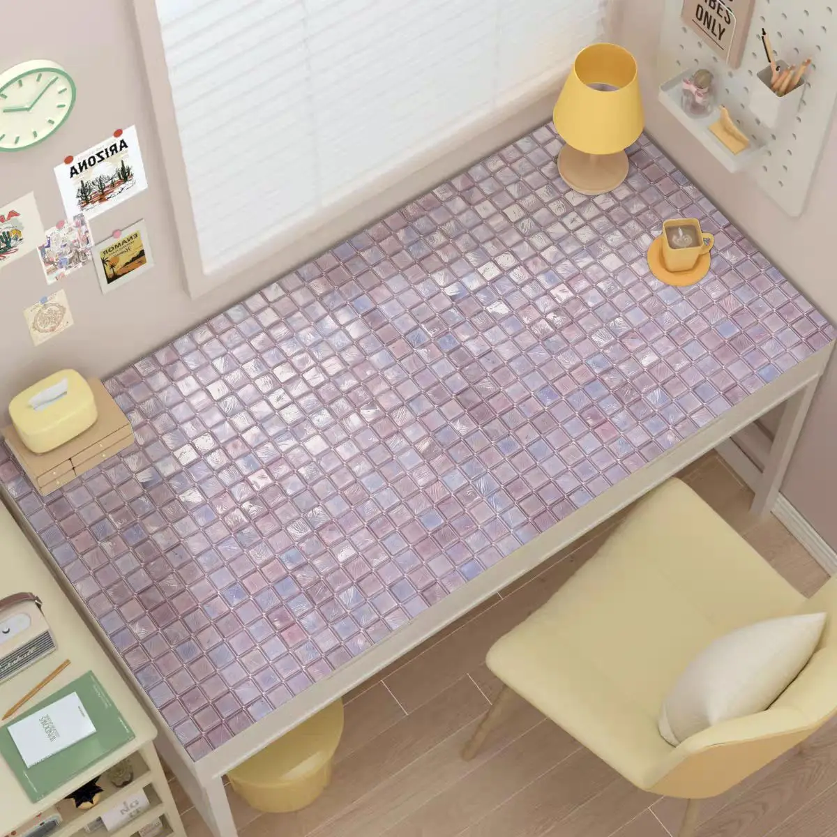 Full Screen Pink Mosaic INS Girl Y2KLeather Desk Pad Protector Mouse Pad Office Desk Mat Waterproof Non-Slip PU Desk Blotter Pad