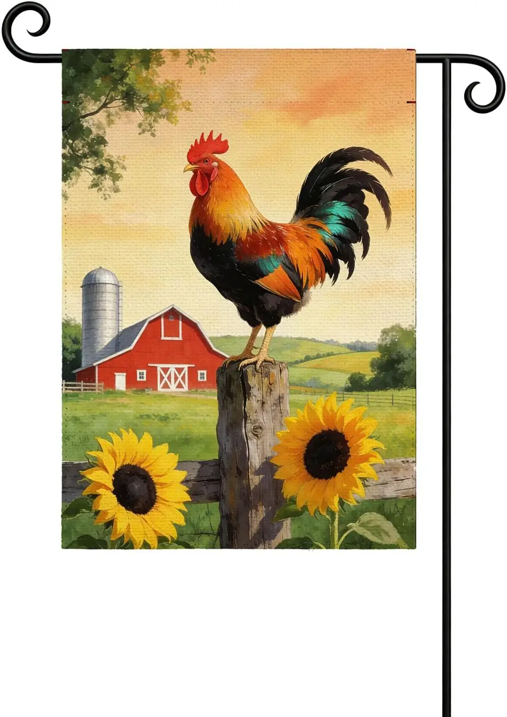 Garden Flag, Rooster Sunflower Red Barn Outdoor Flag 12 x 18 Inch yyi