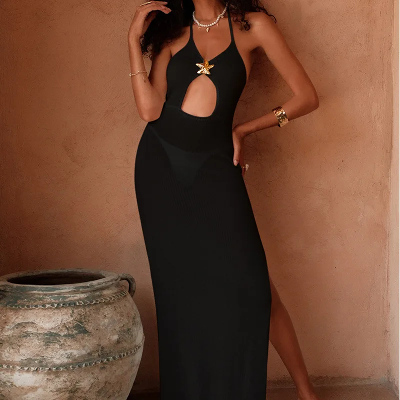 

Sexy Style Tie Up Slip Dress With Star Decoration Knitting See-Through Beachwear Cover Up Women's Beach Holiday Sunscreen Dress