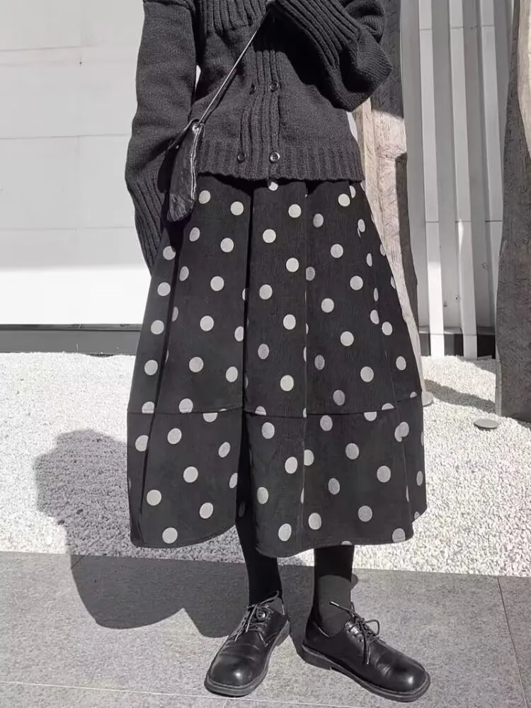 Oversized Corduroy Polka Dot Print Herfst Rok Vrouwen A-lijn Ruche Losse Geplooide Modis Dames Rokken Elastische Taille Vrouw Rokken