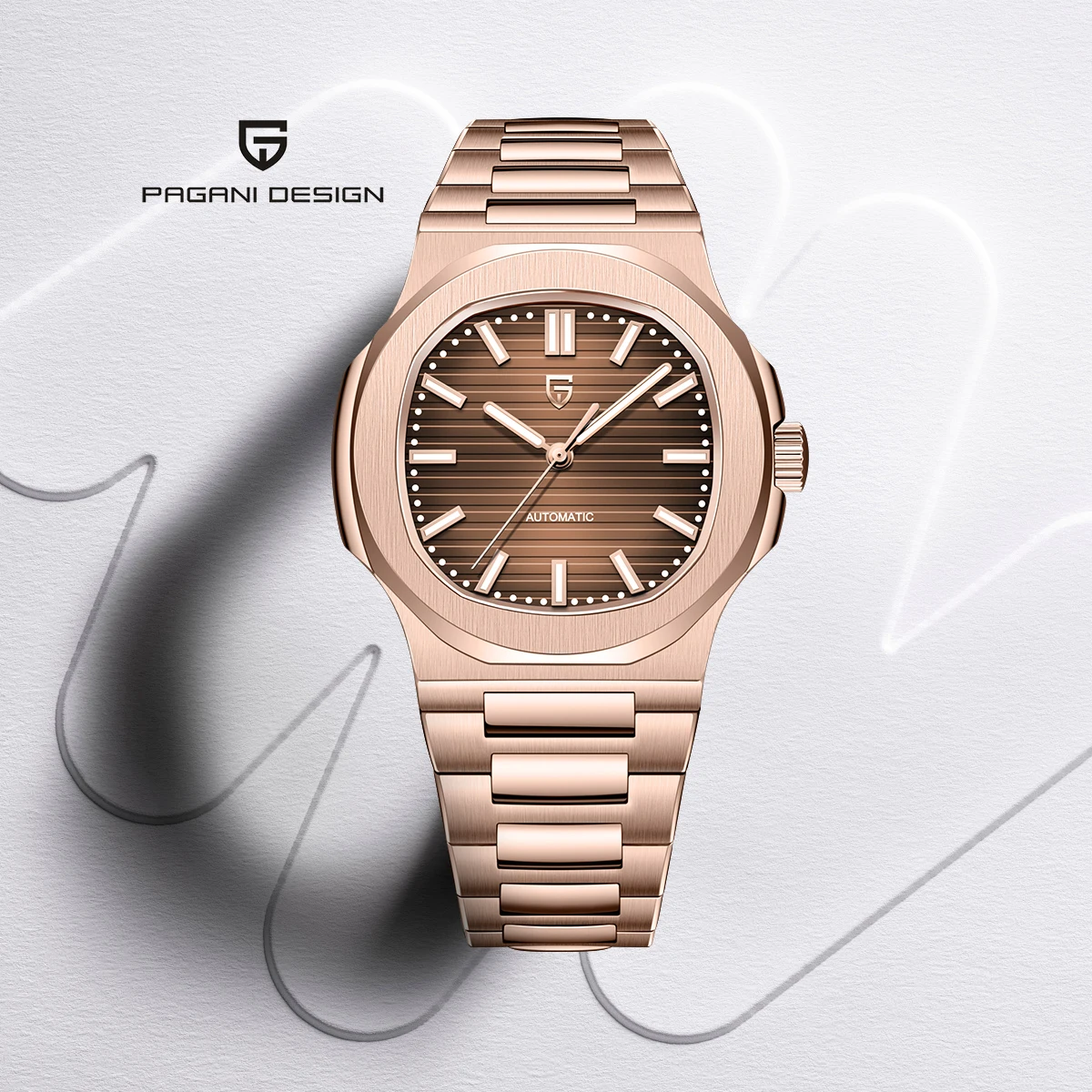 

PAGANI DESIGN новейшие розово-коричневые механические часы из нержавеющей стали, мужские часы с автоматическим заводом, водонепроницаемые сапфировые часы