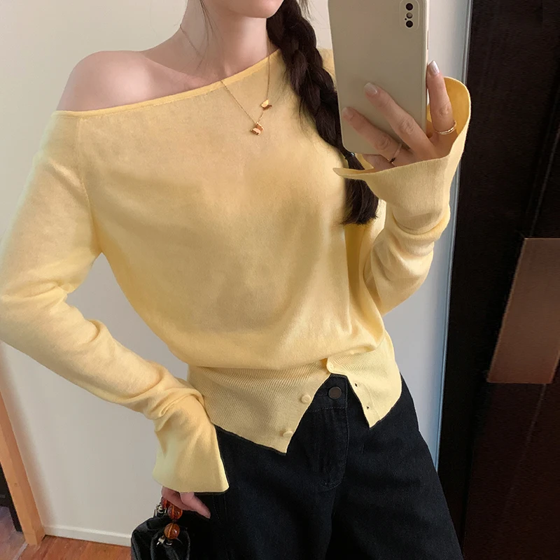 Korean Soft Sister Fashion Slash Neck Knitted Tops Women Chic Buttons Long Sleeve Autumn Winter T-shirts Ladies Elegant Tees Top