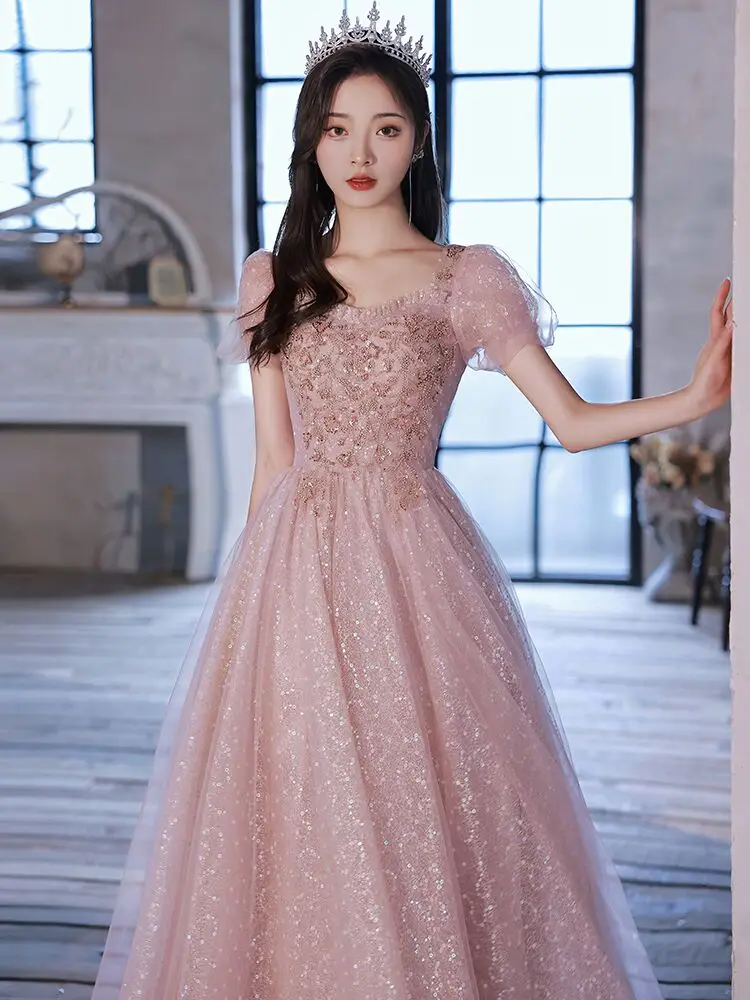 

Pink Evening Gown 2025 Large Size Host Art Exam Ele Korean Sle mid Waist Long Skirt Pearl Embellied ort Sve Dr
