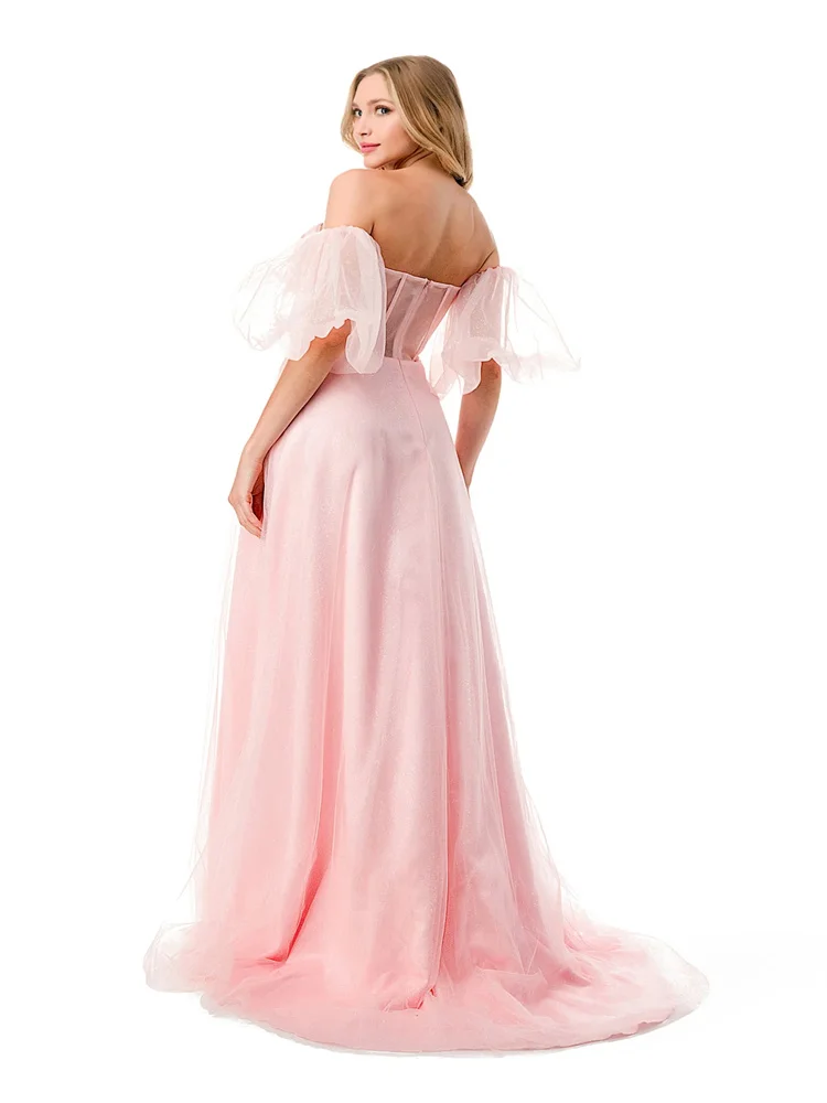 Evening Dresses Gorgeous High Split Dress Engagement Sexy Floor Length Off-The-Shoulder Short Sleeve Tulle with Crystals Slit