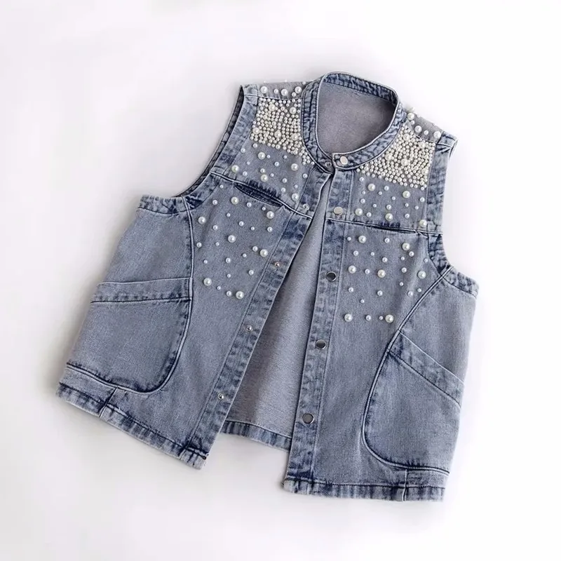 2023 New Summer Women's Beaded Denim Vest Coat Sleeveless Tops Cropped Streetwear Jean Jacket Korean Fashion Waistcoat